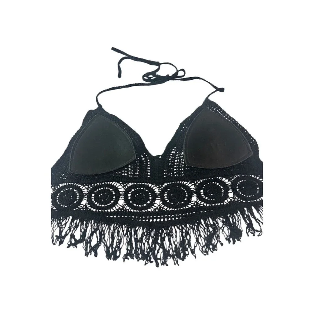 Sans Souci Crochet Halter Top Womens Large Boho Festival Fringe Cotton Bralette - Picture 4 of 5